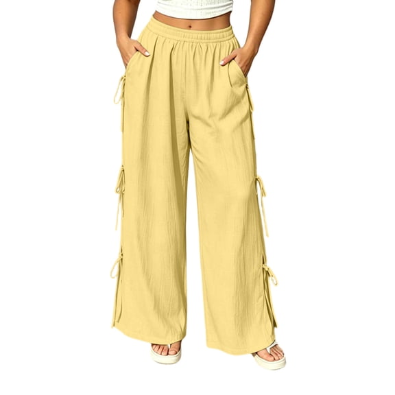 Olyvenn Women's Plus Size Linen Wide Leg Pants, High Waist Side Tie Design, Breathable Loose Summer Casual Vacation Trousers Yellow XXXL