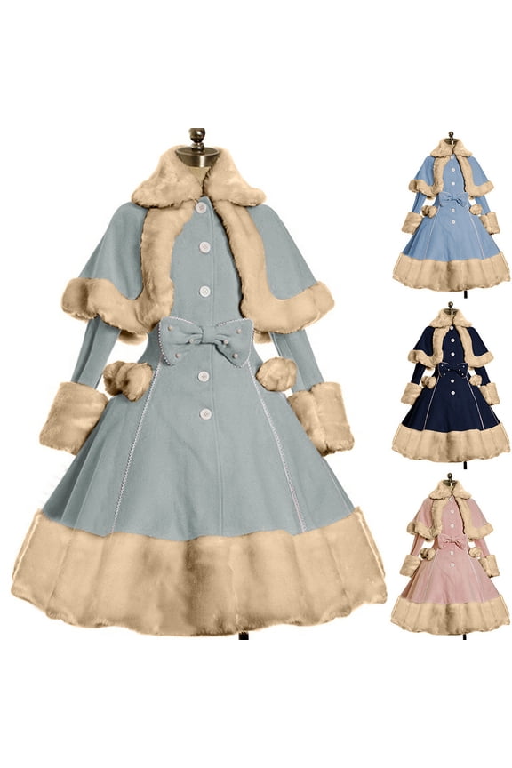 Women's Plus Size Long Sleeve Hooded Casual Woolen Tweed Jacket Bow Cape Set Outwear Plush Stitching Coat Female Sky Blue XXL