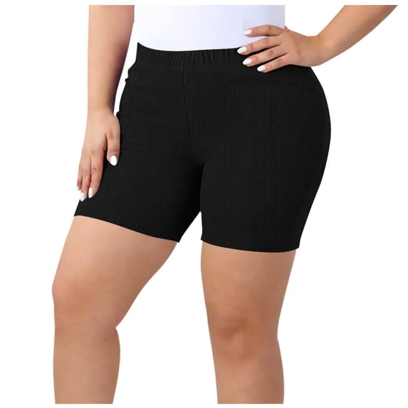 Olyvenn Women's Plus Size Ribbed Biker Shorts Elastic Waist Solid Color Workout Black XXXXXL