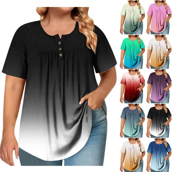 Olyvenn Women's Plus Size Shirt Short Sleeve Button Round Neck Peplum Tops Basic Ladies Loose Fit Pleated T Shirt Blue L