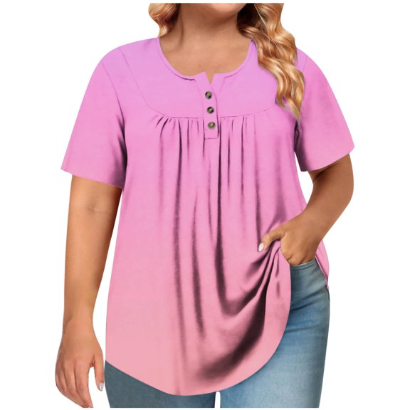 Olyvenn Women's Plus Size Shirt Short Sleeve Button Round Neck Peplum Tops Basic Ladies Loose Fit Pleated T Shirt Pink XXXL