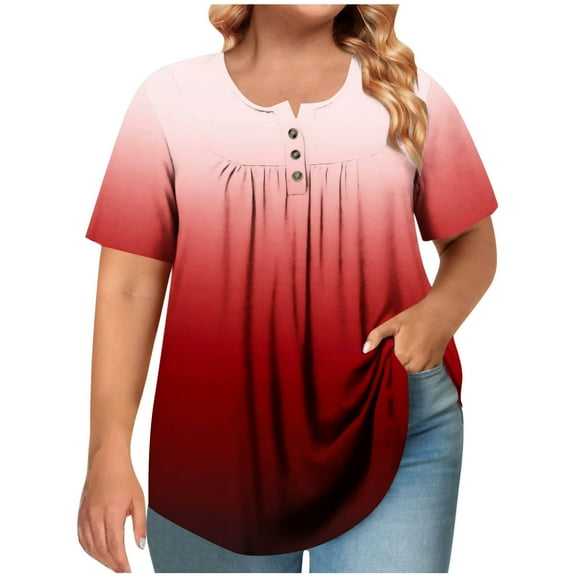 Olyvenn Women's Plus Size Shirt Short Sleeve Button Round Neck Peplum Tops Basic Ladies Loose Fit Pleated T Shirt Wine XXL