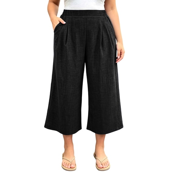 Olyvenn Women's Plus Size Slub Linen Wide Leg Pants, High Elastic Waist, Summer Casual Long Trousers with Pockets Black XL