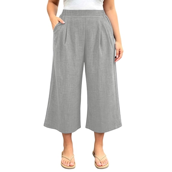 Olyvenn Women's Plus Size Slub Linen Wide Leg Pants, High Elastic Waist, Summer Casual Long Trousers with Pockets Gray XL