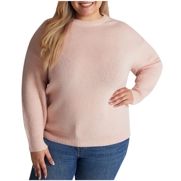 Olyvenn Women's Plus Size Sweater Tops, Long Sleeve Crewneck Loose Sweaters Pullover Solid Color Basic Knit Comfy Blouses Pink XXXXL