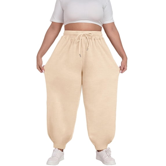 Olyvenn Women's Plus Size Sweatpants Athletic Pants High Waisted Baggy Joggers Lounge Workout Jogging with Pockets Beige XXXXL