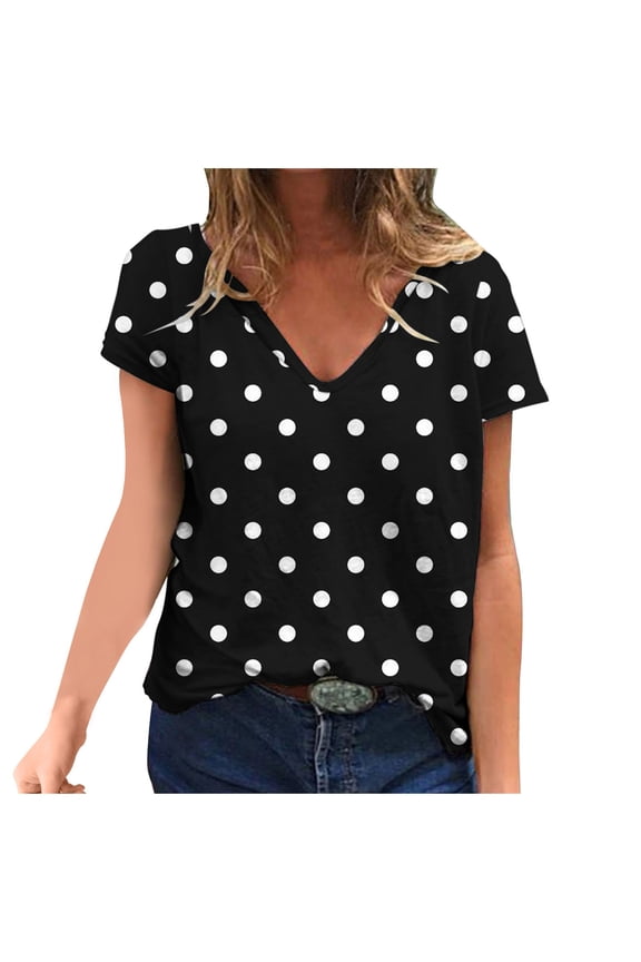 Women's Plus Size T-Shirts Casual Tops Summer Fashion Cap Sleeve Short Sleeve Tees Polka Dot Print Tops Trendy V-Neck Comfy Loose Fit Casual Beach Relaxed Blouse Workout Women Black 12