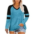 thumbnail image 1 of Olyvenn Women's Plus Size Tops Striped Raglan Long Sleeve V neck T Shirts Color Block Casual Tunics Tee Shirt Sky Blue XXXL, 1 of 5