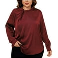 thumbnail image 1 of Olyvenn Women's Plus Size Tshirts 2025 Spring Trendy Casual Business Clothes Crew Neck Long Sleeve Pleated Tops Wine 4XL, 1 of 4