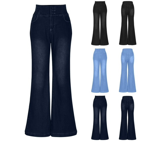 Olyvenn Women's Plus Size Wide Flared Jeans Fall Fashion High Waisted Stretchy Bell Bottom Denim Jeans with Pockets Black XXL