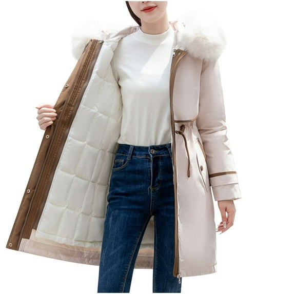 Olyvenn Women's Plus Size Winter Coat Puffer Jacket Warm Thicken Parka Overcoat with Faux Fur Trim Hood 2025 Fashion Outfits Beige XXL