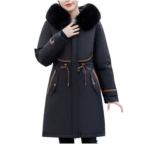 Olyvenn Women's Plus Size Winter Coat Puffer Jacket Warm Thicken Parka Overcoat with Faux Fur Trim Hood 2025 Fashion Outfits Black M