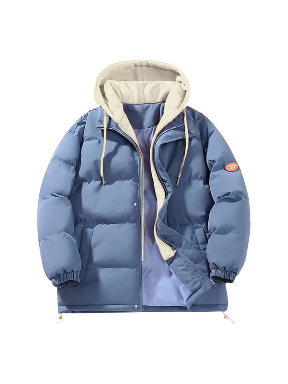 Women's Plus Size Winter Thickened Hooded Coat Windproof Warm Fleece Jacket with Pockets Zip Up Long Sleeve Down Coat Blue XXXXXL