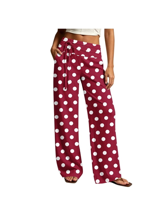 Women's Polka Dot Print Pants, Elastic Waist with Decorative Ties, Straight Leg Casual Trousers with Pockets Wine XXL