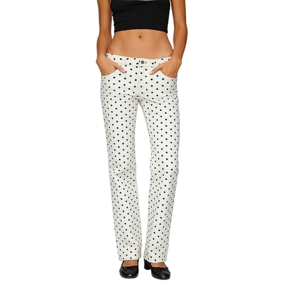 Olyvenn Women's Polka Dot Printed Straight Leg Denim Pants, Zip Button Closure High Waist Loose Casual Trousers White S