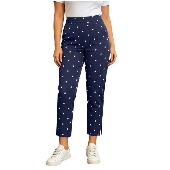 Olyvenn Women's Polka Dot Yoga Pants, Elastic Waist, Side Slit Design, Casual Long Trousers with Pockets Navy XL
