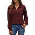 thumbnail image 1 of Olyvenn Women's Button Collared Shirts Long Sleeve Casual Loose Fit Plain Knit Golf Tshirts Fall Lightweight V-Neck Sports Work Trendy Tees Wine L, 1 of 4