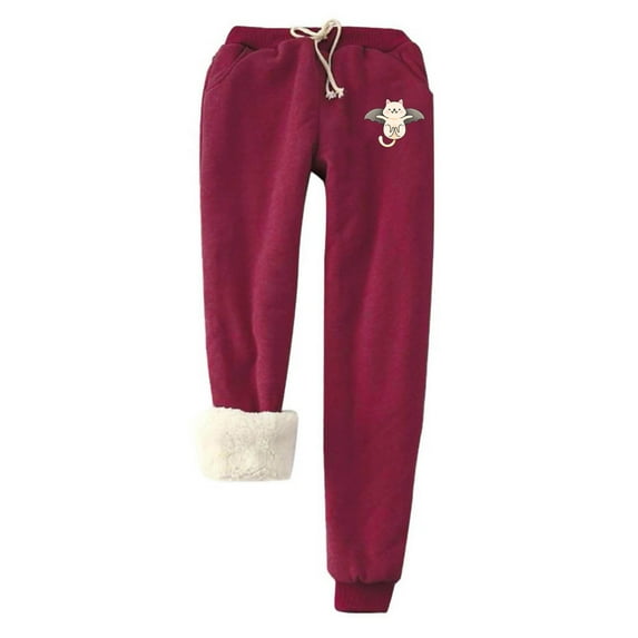 Olyvenn Women's Printed Bottom Pants, Lamb Fleece Pockets, Elastic Tie Up, Thickened Plush, Warm And Sanitary Pants 2023 Outdoor Leggings Long Pants for Women Stylish Wine 10
