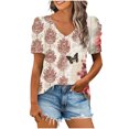 thumbnail image 1 of Olyvenn Women's Puff Short Sleeve Boho Shirts Casual V Neck Classic Floral Solid Summer Blouse Pleated Tunic Top Red S, 1 of 5
