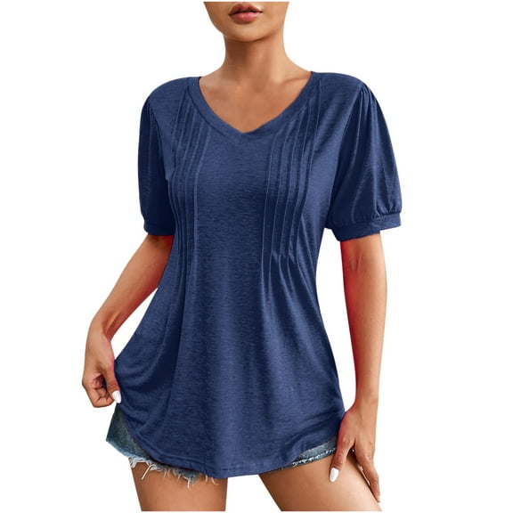 Olyvenn Women's Puff Short Sleeve Boho Shirts Casual V Neck Floral Solid Summer Blouse Pleated Casual Tunic Top Navy 4