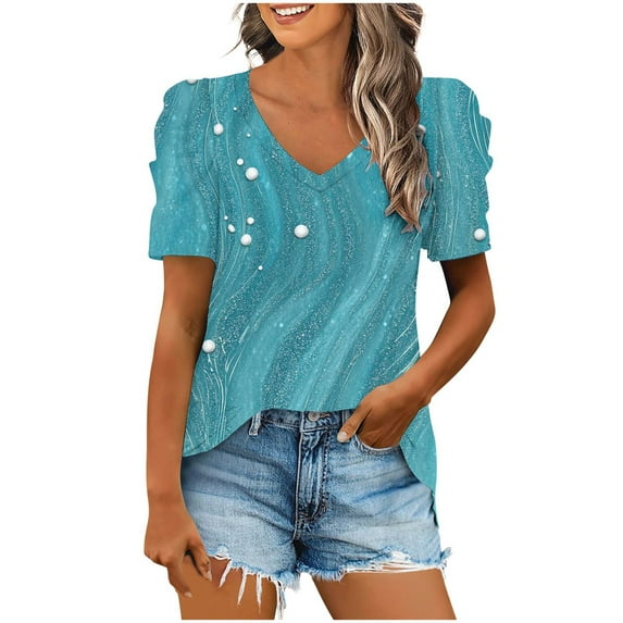 Olyvenn Women's Puff Short Sleeve Boho Shirts Casual V Neck Floral Solid Summer Blouse Pleated Tunic Top Light Blue XXXL