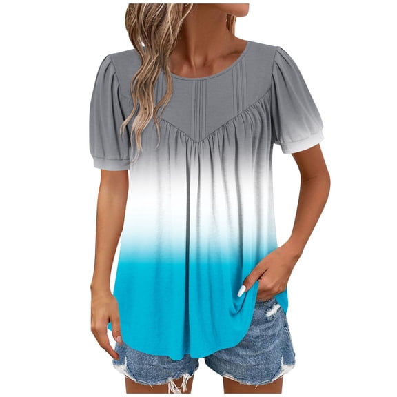 Olyvenn Women's Puff Short Sleeve Shirts Dressy Casual 2025 Summer Crewneck Cute Tops Trendy Outfits Fashion Gradient T-Shirts Light Blue XL