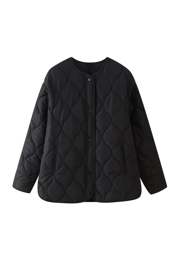 Women's Quilted Jacket Coat Crew Neck Button Down Lightweight Puffer Padded Winter Outwear with Pockets Black M