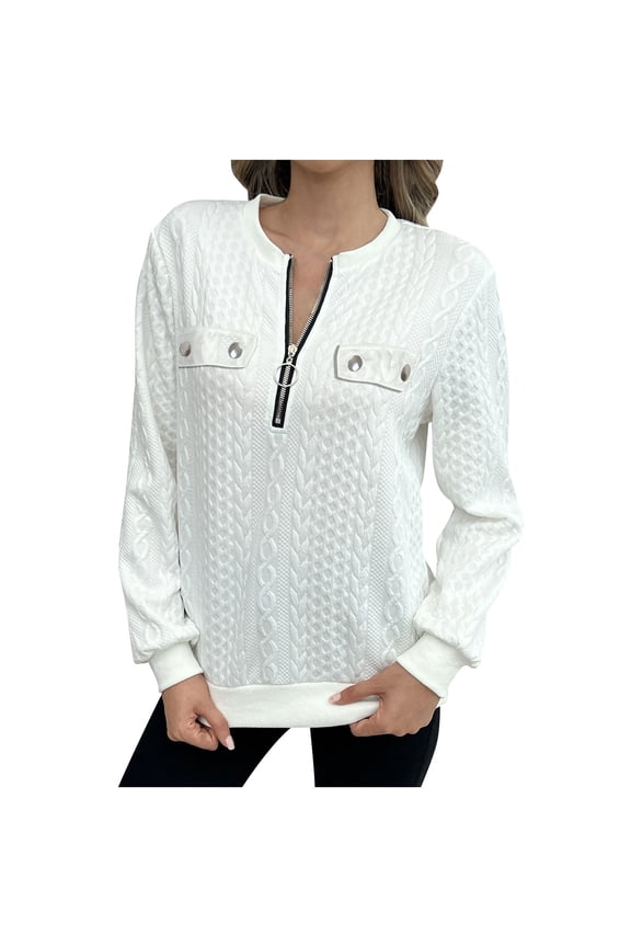 Women's Quilted Sweatshirts Zipper Neck Long Sleeve Textured Solid Casual Loose Fashion Fall Pullover Tops White XL