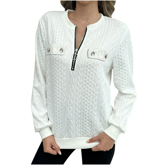 Olyvenn Women's Quilted Sweatshirts Zipper Neck Long Sleeve Textured Solid Casual Loose Fashion Fall Pullover Tops White XXL