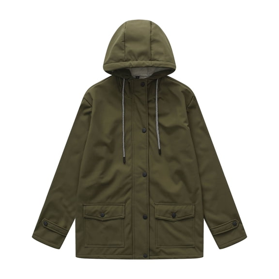 Olyvenn Women's Rain Jacket Fleece Lined Hooded Windbreaker Zip-Up Coats Button Pockets Long Sleeve Winter Casual Outerwear Army Green XXL