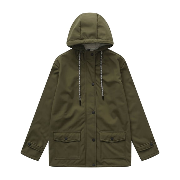 Olyvenn Women's Rain Jacket Fleece Lined Hooded Windbreaker Zip-Up Coats Button Pockets Long Sleeve Winter Casual Outerwear Army Green XXXL