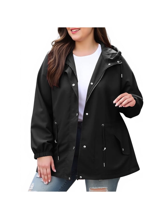 Women's Rain Jacket Plus Size Lightweight Raincoat with Hood Waterproof Outdoor Windbreaker Hooded Hiking Softshell Rain Jacket Black XXXL