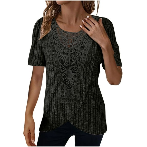 Olyvenn Women's Ribbed Knit Textured Tee Solid Color Short Sleeve Pullover Irregular Hem Casual Sweatshirt Crew Neck Shirt Black L