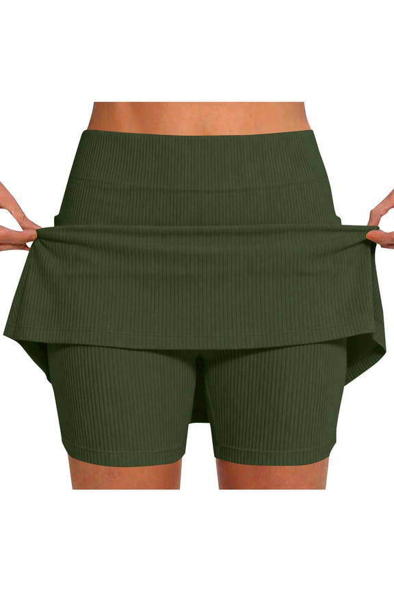 Women's Ribbed Tennis Skirt Skort High Waist Built-in Shorts Athletic Golf Skirt Army Green S