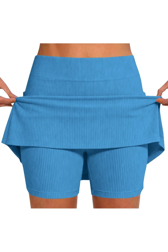 Women's Ribbed Tennis Skirt Skort High Waist Built-in Shorts Athletic Golf Skirt Light Blue S