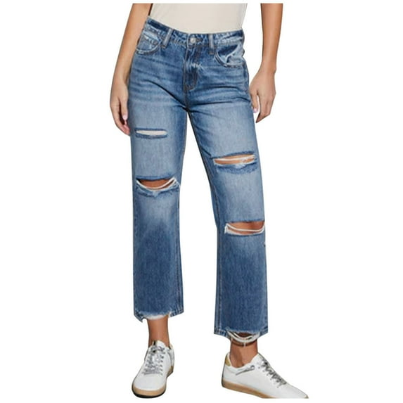 Olyvenn Women’s Ripped Jeans High Waisted Distressed Baggy Straight Wide Leg Pants Boyfriend Jeans for Teens Denim Pants Blue 4