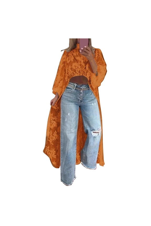 Women's Round Neck Lace Short Front and Long Back Casual Top, Long Sleeve Summer Floral Embroidery See-Through Cover-Up Orange L