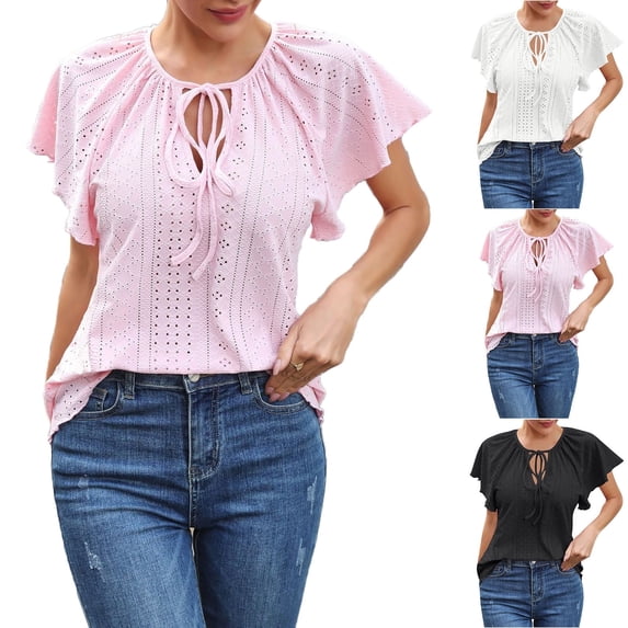 Olyvenn Women's Round Neck Lace Up T Shirt Peplum Flounce Short Sleeve Eyelet Tops Summer Casual Cut Out Solid Color Blouse Pink L