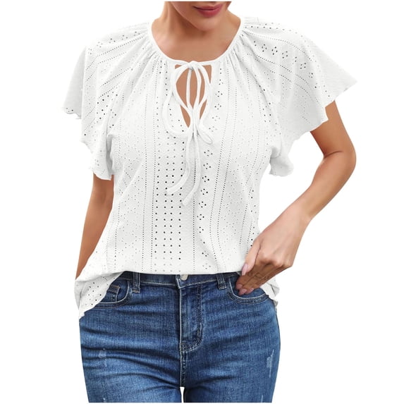 Olyvenn Women's Round Neck Lace Up T Shirt Peplum Flounce Short Sleeve Eyelet Tops Summer Casual Cut Out Solid Color Blouse White L
