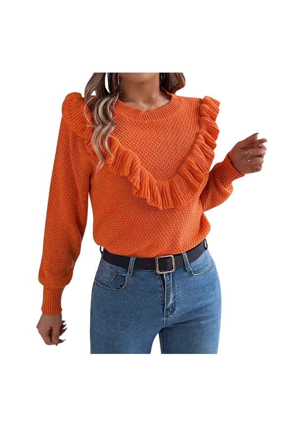 Women's Ruffle Crewneck Sweaters, Long Sleeve Casual Knitted Fall Winter Pullover Elegant Sweater Tops Orange M