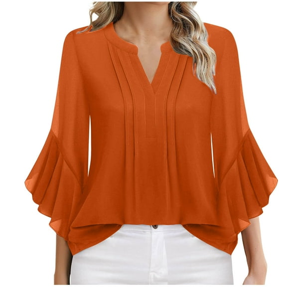 Olyvenn Women's Ruffled 3/4 Sleeve Tops Dressy Casual Business Work Blouses Chiffon Office Shirts Summer V Neck Pleated Shirts Orange S