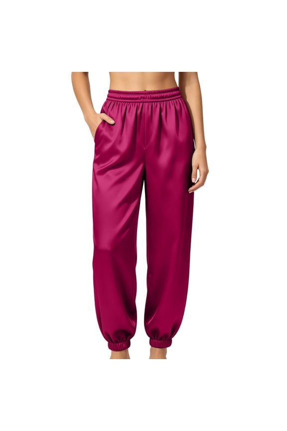 Women's Satin Jogger Pants, High Elastic Waist, Silky Soft Loungewear Trousers with Side Pockets Hot Pink L