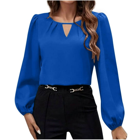 Olyvenn Women's Satin Silk Blouse 2025 Keyhole Neck Long Sleeve Tops Elegant Casual Office Work Dressy Shirts Pullover Tops Blue 4-6