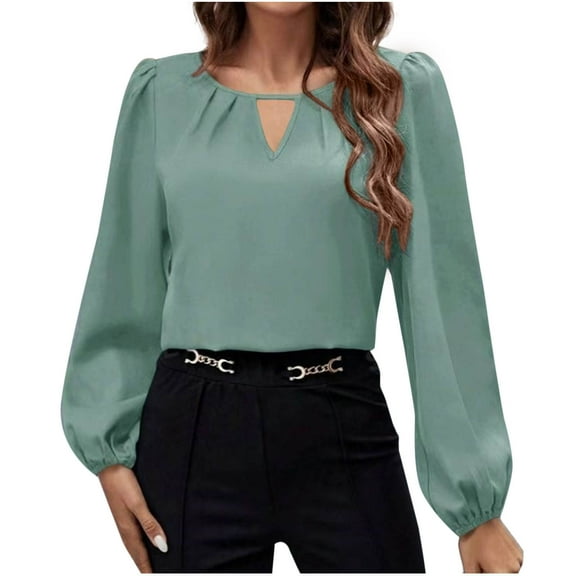 Olyvenn Women's Satin Silk Blouse 2025 Keyhole Neck Long Sleeve Tops Elegant Casual Office Work Dressy Shirts Pullover Tops Green 4-6
