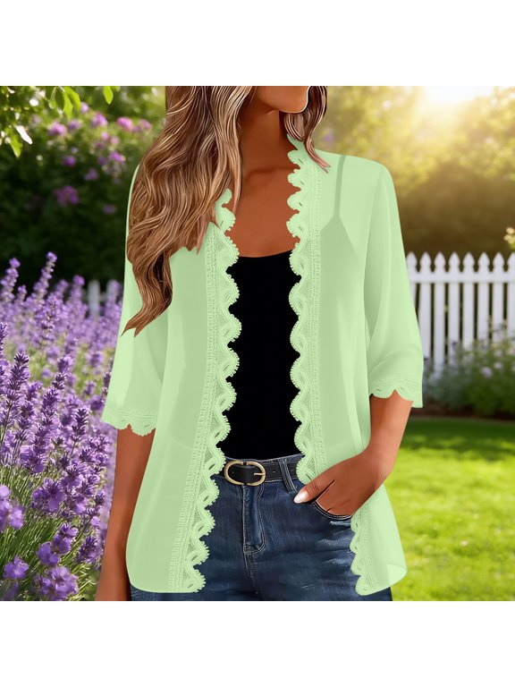 Women's Scalloped Lace Trim Short Chiffon Cardigan, 3/4 Sleeve Open Front Lightweight Layering Kimono Green XXL