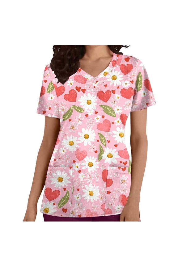 Women's Scrub Top Short Sleeve V-Neck Shirt Medical Uniform for Nurses Healthcare Workers with Pockets Red L
