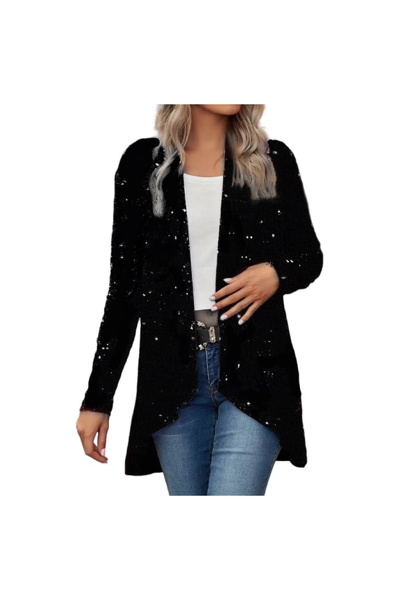 Women’s Sequin Open Front Asymmetrical Hem Jackets Lapel Long Sleeve Solid Casual Fashion Glitter Cardigan Coat Black L