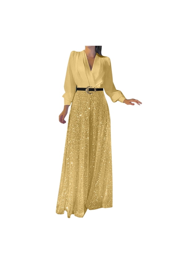 Women's Sequin Rompers Dressy Sequin Jumpsuit Formal Pantsuits Evening Party Outfits Wide Leg Pants Sets Gold 16-18
