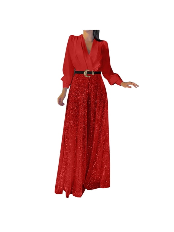 Women's Sequin Rompers Dressy Sequin Jumpsuit Formal Pantsuits Evening Party Outfits Wide Leg Pants Sets Red 12-14