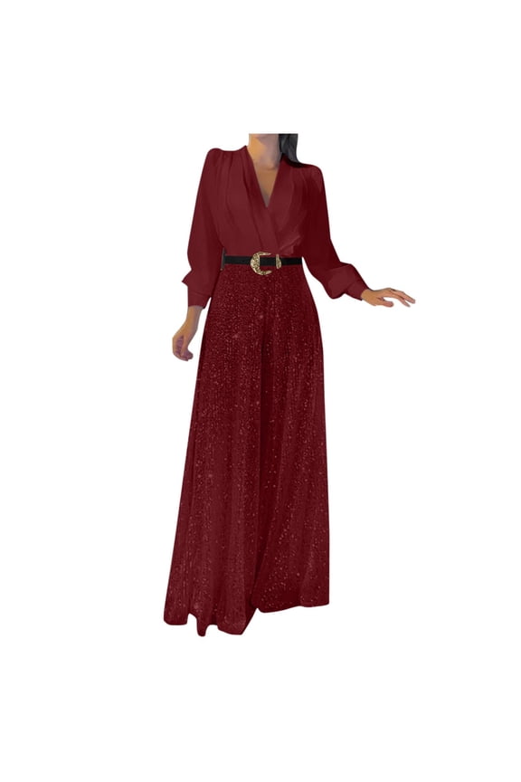 Women's Sequin Rompers Dressy Sequin Jumpsuit Formal Pantsuits Evening Party Outfits Wide Leg Pants Sets Wine 12-14